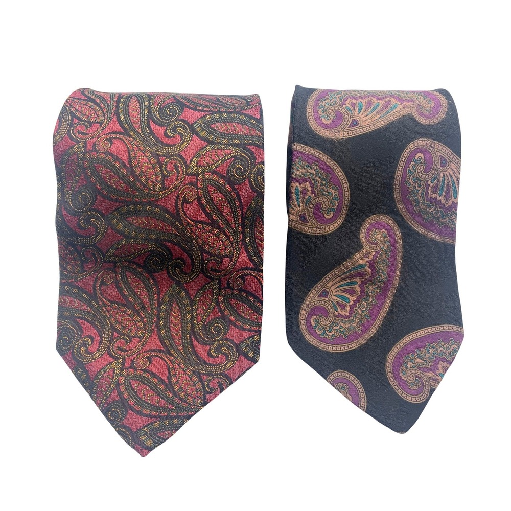 Talbott Men's Silk Paisley Necktie Lot of 2 Burgundy Gold Black Purple Teal Ties